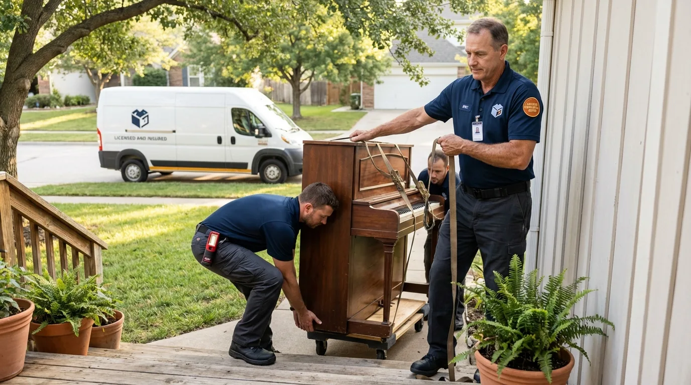 Licensed piano movers securing grand piano in Glenwood, MN