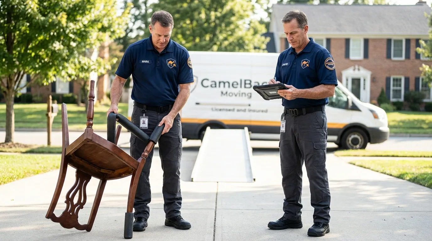 Movers inspecting furniture for damage prevention before loading in Glenwood, MN