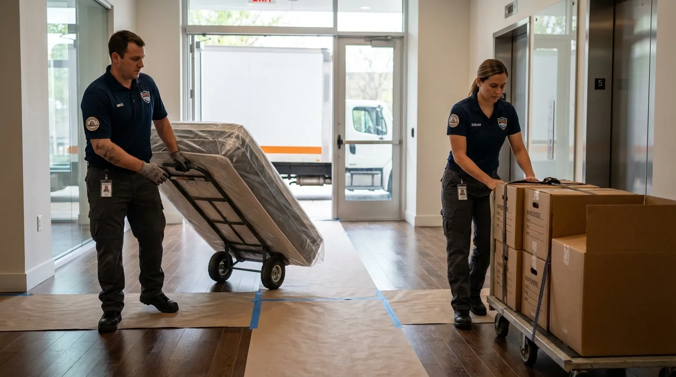 Professional apartment movers loading elevator in Glenwood, MN