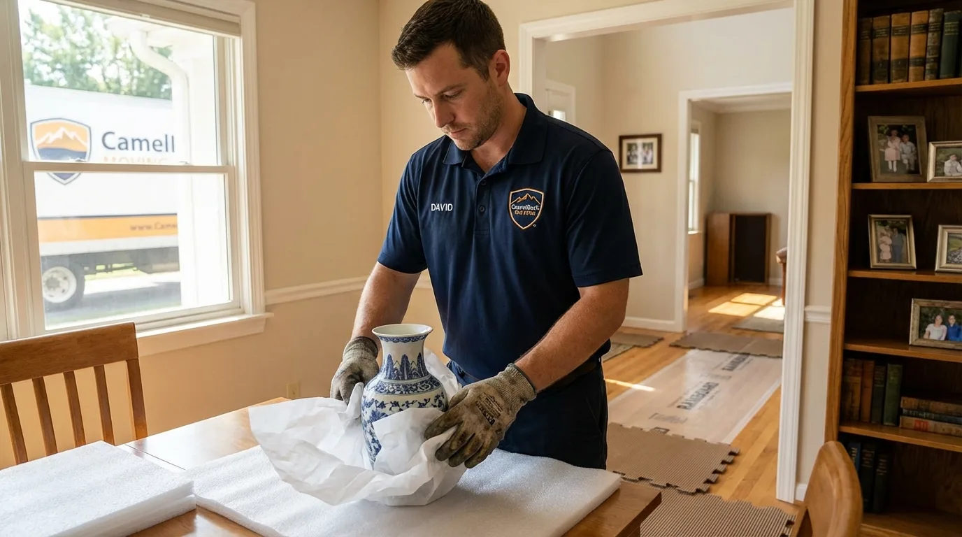 Professional crew carefully wrapping antique vase for senior downsizing move in Glenwood, MN