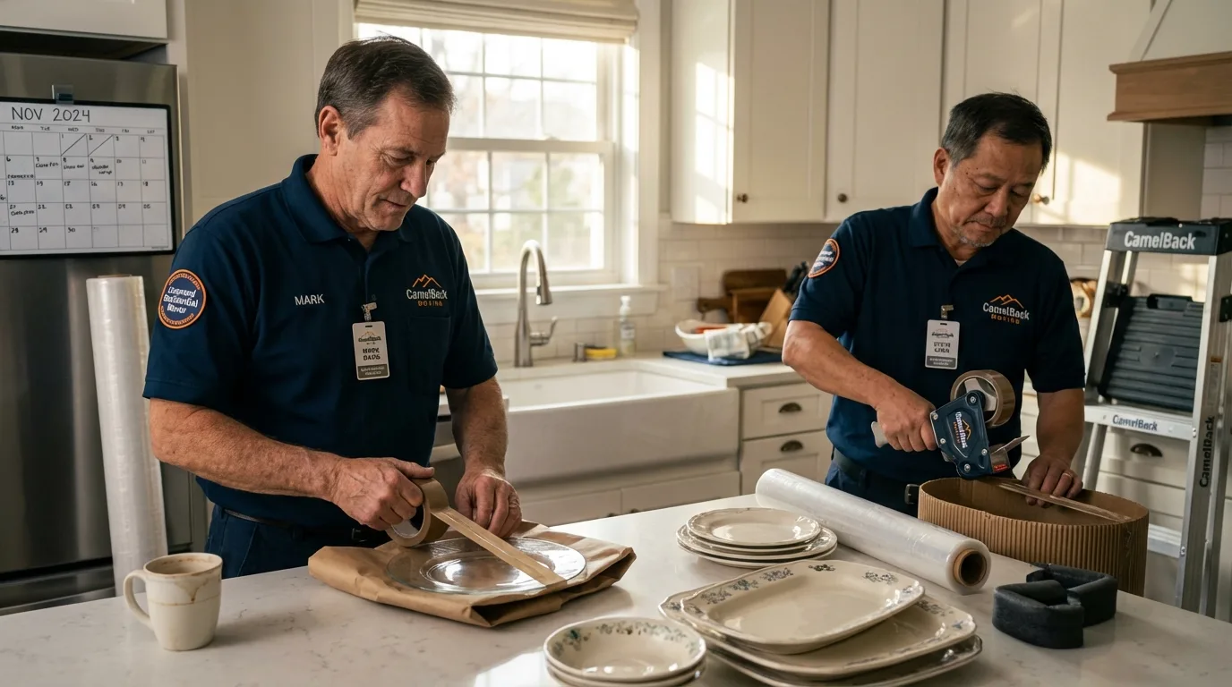 Professional crew packing kitchen dishware in Glenwood, MN